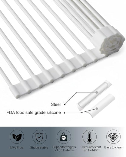 Roll Up Dish Drying Rack Over Sink, 16.93" x 12.99" Foldable Silicone Wrapped Stainless Steel Over The Sink Dish Drying Rack, White