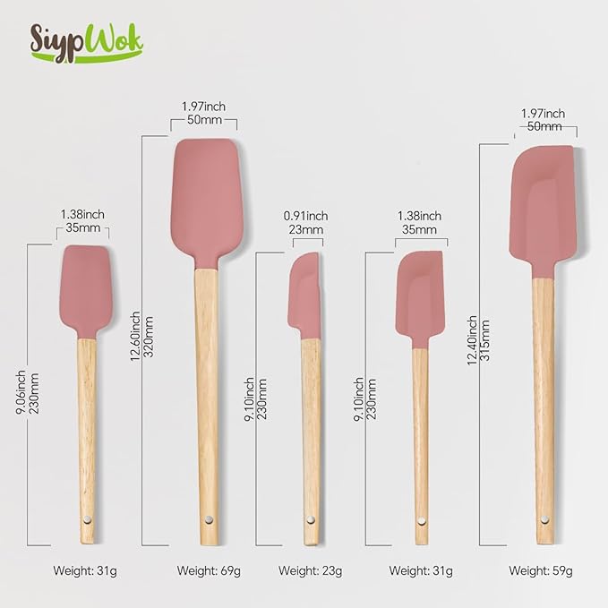 5 Pcs Silicone Spatula Set,Food Grade Silicone Spatula Nonstick Rubber Spatulas with Wooden Ergonomic Grip,Spoonula,Jar Scraper for Cooking,Baking,Mixing,Frosting-Heat Resistant Up to 428°F(Pink)