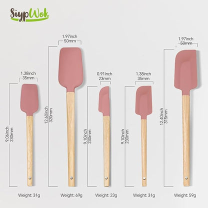 5 Pcs Silicone Spatula Set,Food Grade Silicone Spatula Nonstick Rubber Spatulas with Wooden Ergonomic Grip,Spoonula,Jar Scraper for Cooking,Baking,Mixing,Frosting-Heat Resistant Up to 428°F(Pink)