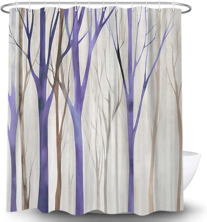 MERCHR Brown Purple Tree Fabric Shower Curtain, Art Style Abstract Birch Forest Rustic Wood Polyester Fabric Waterproof Bath Curtain, Farmhouse Bathroom Shower Curtains with Hooks 72X72 Inch