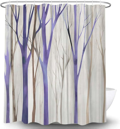 MERCHR Brown Purple Tree Fabric Shower Curtain, Art Style Abstract Birch Forest Rustic Wood Polyester Fabric Waterproof Bath Curtain, Farmhouse Bathroom Shower Curtains with Hooks 72X72 Inch