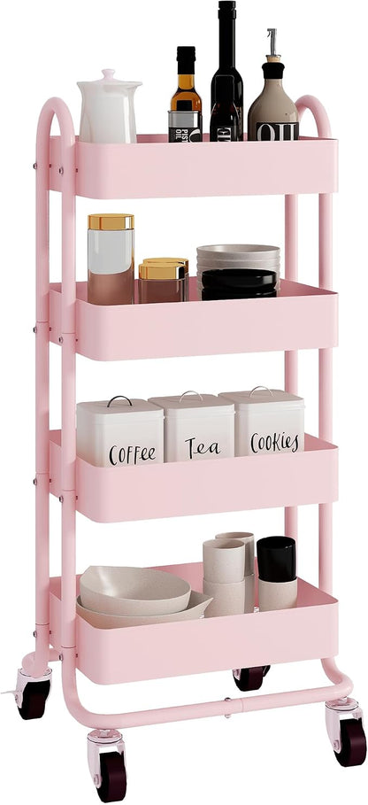 4 Tier Metal Rolling Cart Pink Utility Cart with Wheels,Rolling Pink Cart for Office,Home,Kitchen,Garden（13.4"x18.1"x40"）