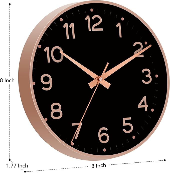 Roymnie Wall Clock, Silent Wall Clocks Battery Operated 8 Inch-Modern Non Ticking Analog Clock Decorative for Kitchen Office Bathroom Bedroom(Black Rose Gold)