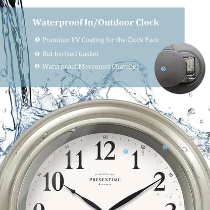 Presentime & Co 24" Jameson Illuminated in/Outdoor Clock, Modern Farmhouse, Self-Illuminated, Waterproof, Weather Station (Thermometer & Hygrometer), Metal Clock, Morning Silver. (Night Light)