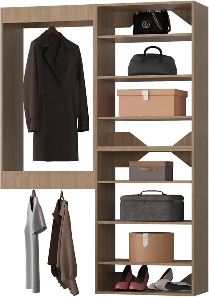 Modular Closet Tower Organizer, 64" Wide with Towers and Hanging, Wooden Wardrobe Organizer Kit for Walk In Closets, Wall Mounted System, Bedroom