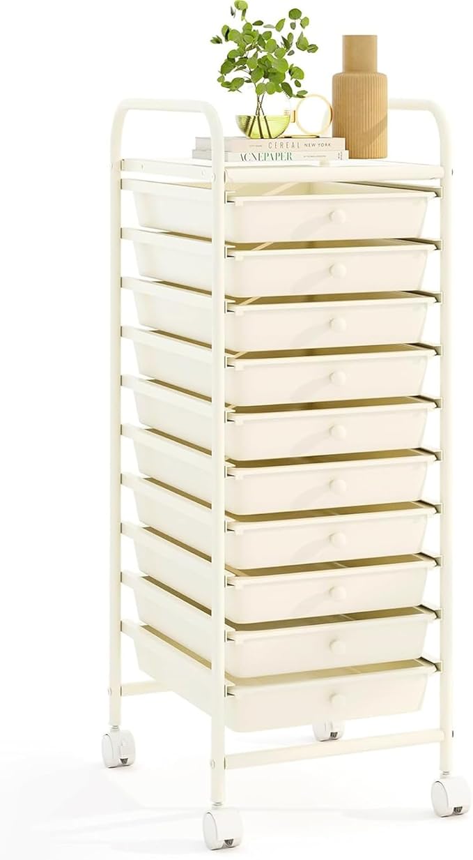 RELAX4LIFE 10 Drawer Rolling Cart - Slim Storage Cart w/Lockable Wheels for Classroom School Teacher Office, Art Supplies Paper Scrapbook Craft Organizers, Utility Cart with Drawers (White)