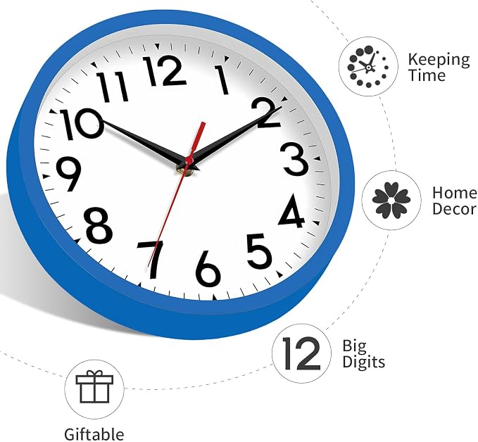 DAXSMY Wall Clock Small Analog 8 Inch Silent Non Ticking Battery Operated Modern Simple Decorative for Kitchen Office Bedroom Bathroom Living Room(Blue)