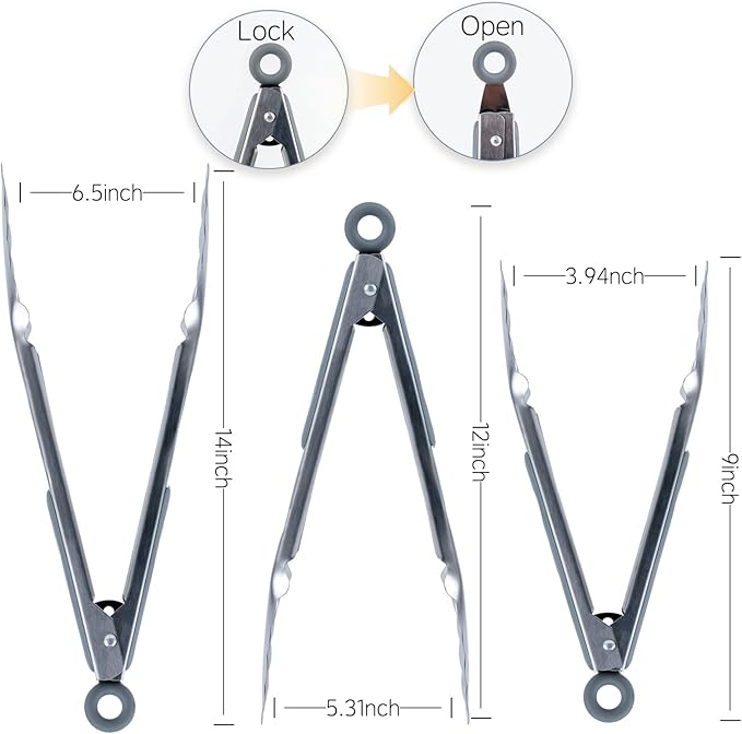 Grill Tongs Set of 3 - Stainless Steel BBQ Tongs with Lock (9, 12, 14 Inch) | Heat Resistant to 600°F | Heavy Duty & Dishwasher Safe for Grilling, Cooking, Salad (Gray)