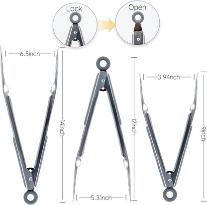 Grill Tongs Set of 3 - Stainless Steel BBQ Tongs with Lock (9, 12, 14 Inch) | Heat Resistant to 600°F | Heavy Duty & Dishwasher Safe for Grilling, Cooking, Salad (Gray)