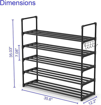 5 Tiers Metal Shoe Rack,Adjustable Shoe Shelf Storage Organizer with Hooks,Stackable Boot & Shoe Storage,for Entryway,Hallway,Closet,Black