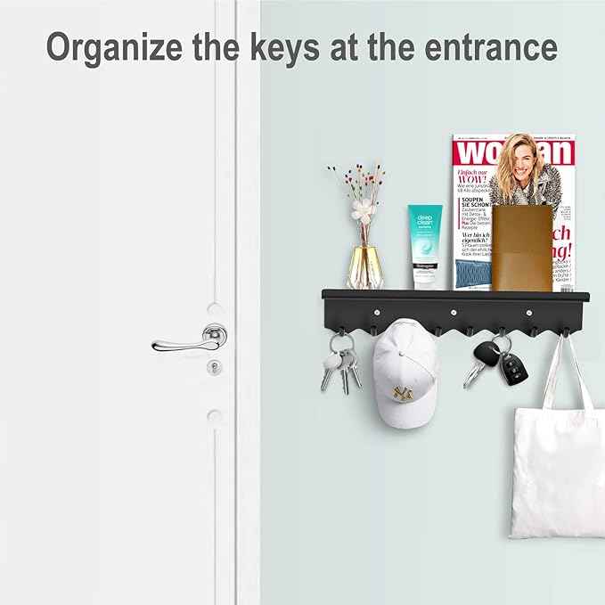 Key Holder Wall Mount, Magnetic Key Hooks and Mail Organizer Tray with 8 Hooks, Adhesive Key Rack Hanger for Entryway, Refrigerator, Black