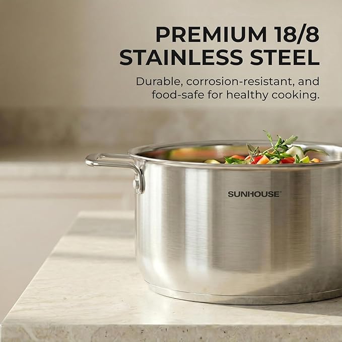 Sunhouse Stock Pot with Lid - 6.5 QT Large Pot for Cooking Pasta, Soup, Spaghetti - Ultra Thick 5-ply Base 18/8 Stainless Steel Pots for Canning, Boiling - Oven Safe & Induction Compatible Cookware