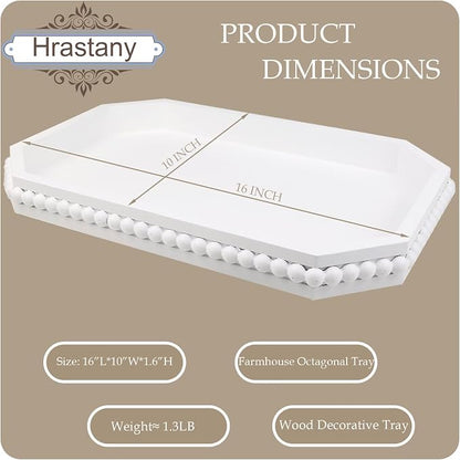 Hrastany White Wood Serving Tray with Beads, Farmhouse Decorative Tray for Table Centerpiece, Christmas Wedding Halloween Home Decor