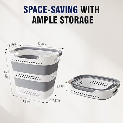 Collapsible Plastic Laundry Basket Hamper with Handles, Large 42L Portable Rubber Clothes Basket, Pop Up Storage Container/Organizer for Washing & Storage, Grey