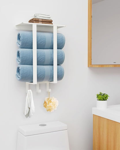 Bethom Towel Racks for Bathroom White, Storage with Shelf Wall Mounted | Stainless Steel, 3 Hooks, Towel Storage Rack with Shelf for Small Bathroom