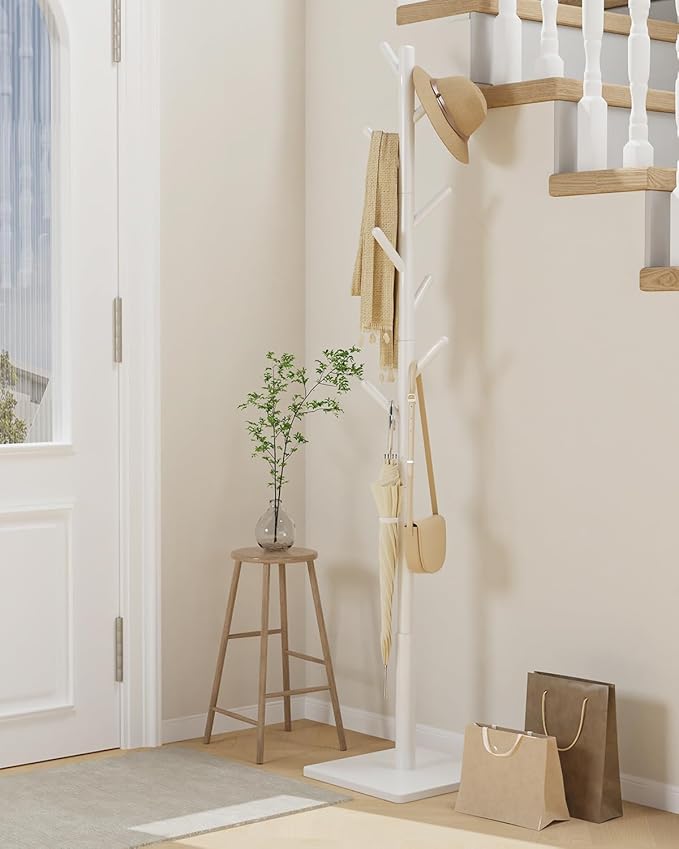 Yawinhe Coat Rack, Sturdy Woode Stand Tree with 8 Hooks, 3 Adjustable Height for Bedroom, Hallway, Entrance, Office, 11.8 x 70.8 inches, White, 1-Pack, Square Base