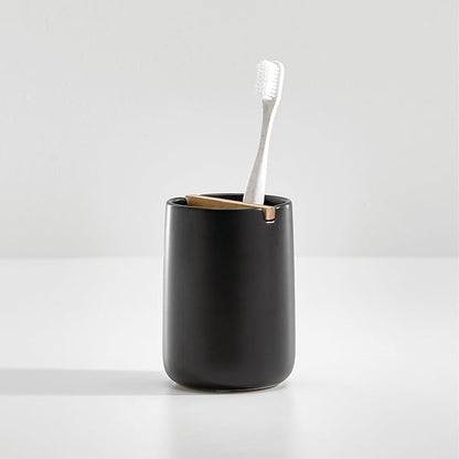 iDesign Toothbrush Holder with Removable Wood Divider for Bathroom Countertops - Matte Black