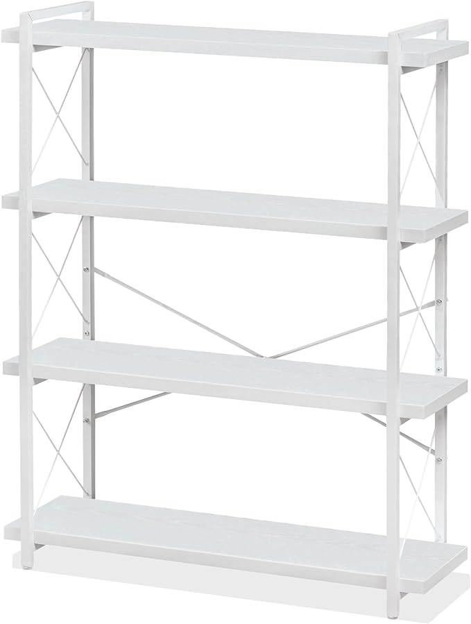 HCHQHS Bookshelf, 4-Tier Industrial Bookcase, White Open Book Shelf, Freestanding Tall Bookshelves with Metal Frame
