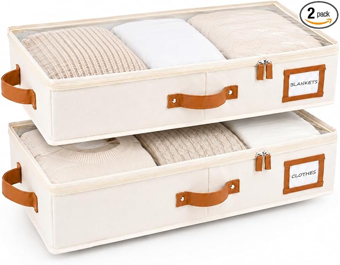 HOMELUX THEORY 2pc Under Bed Storage Containers, Bedroom Under the Bed Drawer Storage Organizer with Bins and Lids, Medium Underbed Clothes Storage Box Ideal for Blanket, Fabric, & Shoes (Ivory)