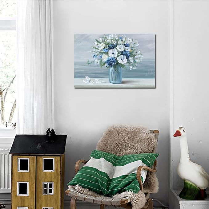 Vintage Blue White Blossom Retro Flowers in Vase Canvas Painting - Ocean Seagull Background Artwork Prints for Bathroom Bedroom Wall Decor - 24" X 16