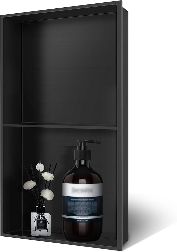 9" x 25" Black Modern Wall Mount Shower Niche with Double Recessed Shelves, No Tile Needed