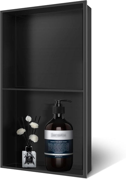 9" x 25" Black Modern Wall Mount Shower Niche with Double Recessed Shelves, No Tile Needed