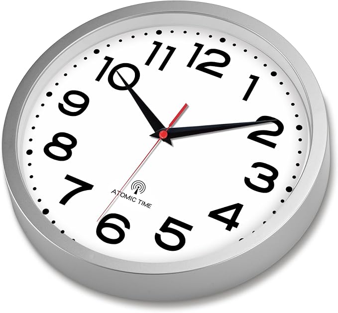 Roymnie Atomic Wall Clock 10 Inch, Modern Clock Battery Operated Classic Analog Decorative for Kitchen, Living Room, Office, Bedroom, Bathroom (Silver)