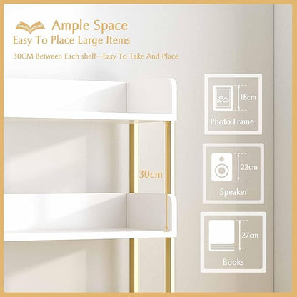 Wide Open Shelf Bookcase - Modern 3-Tier Floor Standing Display Bookshelf with Three-Side Panels for Home and Office, Storage Shelving in Warm White with Gold Frame