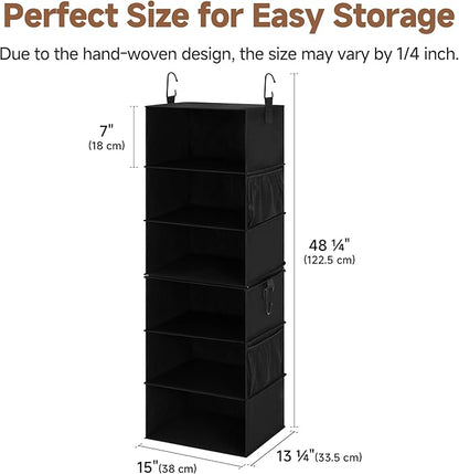 StorageWorks Hanging Closet Organizer 6-Shelf, Jumbo Separable Two 3 Shelf Closet Storage Organizer with Side Pockets, Portable Hanging Shelves for Wardrobe, RVs, 13" D x 15" W x 48 ¼"H, Black
