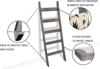 FUIN 5ft (58") Wood Blanket Ladder Living Room Decorative Wall Leaning Farmhouse Quilt Display Holder Storage Rustic Wooden Towel Rack for Bathroom, Grey