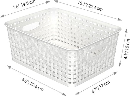 WYT Woven Plastic Storage Baskets, 6 Pack White Weave Bins Organizer, 10.1" x 7.55" x 4.1"