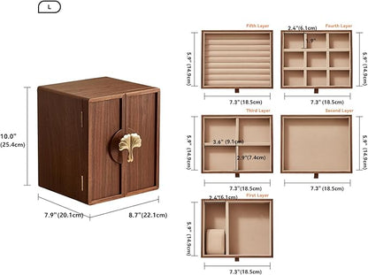 Wooden Jewelry Box 5 Layer Black Walnut Large Jewelry Organizer with Brass Handle for Necklaces Rings Earrings Watches Storage, Christmas Gifts(7.9x8.7x10.0inches)