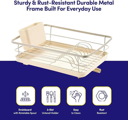 Dish Drying Rack 3 Piece Dish Drainer with Drainboard Set for Kitchen Counter – Dish Rack with Removable Utensil Holder & Swivel Spout for Countertop – DishRack for Plates, Cups & More, Beige