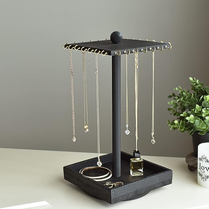 Ikee Design Wooden Rotating Jewelry Organizer, Jewelry Display Tower for Necklace & Bracelet, Rotating Necklace Holder Organizer, Jewelry Stand for Shows, Black Color, 7.88 W x 7.88 D x 16 H in