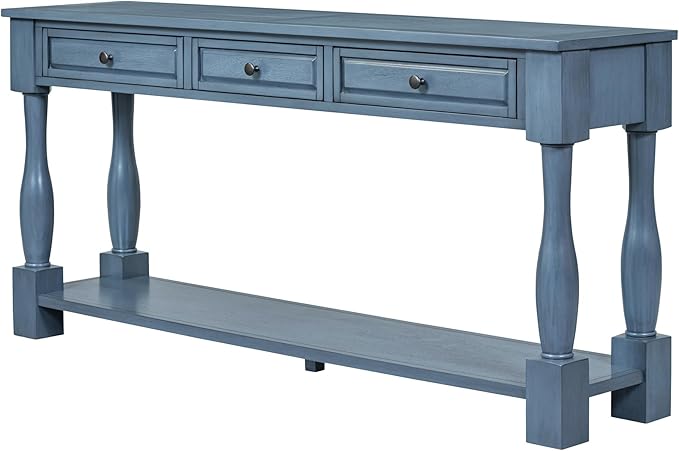 Knocbel 64 Inch Long Antique Entry Console Table with Drawers & Bottom Open Shelf, Solid Wood Sofa Couch Table for Entryway Hallway Living Room (Navy)