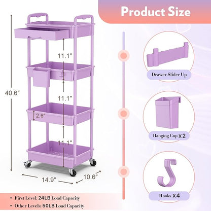 SUNALLY Makeup Cart Organizer with Drawers, 4 Tier Floor Skincare Organizers for Vanity, Rolling Makeup Bathroom Storage Cart Cosmetics Display Cases for Skin Care Perfume Nail Polish, Purple