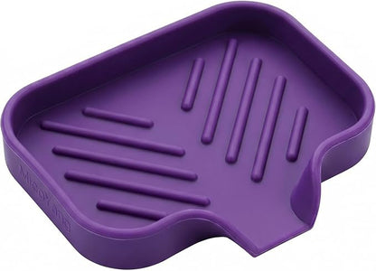 MicoYang Silicone Soap Dish with Drain Spout, Self-Draining Sink Organizer Tray for Bathroom and Kitchen, Sponges, Dispensers and Soap Holder, Non-Slip and Dishwasher Safe, Purple (Compact, 4.9"×3.2")