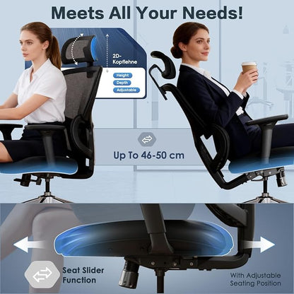 Ergonomic Office Chair Heavy Duty 1600lbs, High Back Desk Chair with 4D Armrests, Dual Back Support, Big & Tall Computer Chair, Sliding Seat, Adjustable Headrest & Lumbar, 135° Reclining (Grey)