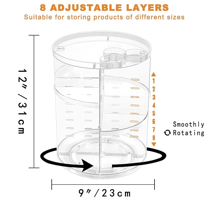 Rotating Makeup Organizer, DIY 8 Adjustable Layers Spinning Skincare Storage, Cosmetic Display Case with Brush Holder and Perfume Tray, Multi-Function Vanity Bathroom Countertop Organizer Clear