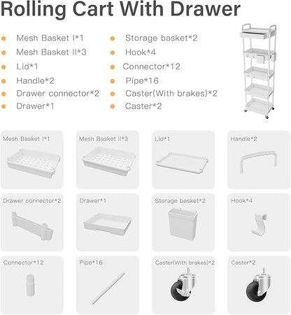 Sorgion 5 Tier Rolling Cart Organizer,Bathroom Cart Organizers with Wheels Laundry Room Organization Mobile Shelving Unit Utility Cart Storage Shelves Multi-Functional for Office, Home(White)