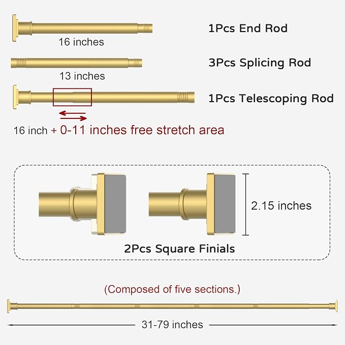 UIOSANRT Gold Shower Curtain Rod 31-79 Inches Non-Slip Shower Rod Tension Mounted No Drill Shower Curtain Rods Spring Tension Rod Adjustable Tension Curtain Rod for Windows Bathroom