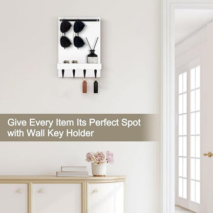 Key Holder Wall Mount, Key Holder for Wall with 4 Hooks, Farmhouse Key Hanger Holds Dog Leash, Sunglasses – Decorative Mail Organizer Home Decor (White)