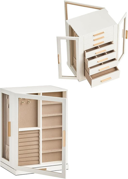 360° Rotating Jewelry Box with 7 Drawers, Spacious Vertical Jewelry Organizer with Glass Window, Jewelry Storage Case, Dustproof & Moisture-resistant Design, White