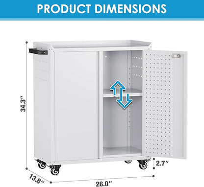 Garage Storage Cabinet with Wheels & Pegboard, 34.3" H Locking Metal Storage Cabinet with Doors and Shelf & 4 Hooks for Garage, Home, Workshops, Small Tool Cabinets, Assembly Required, White