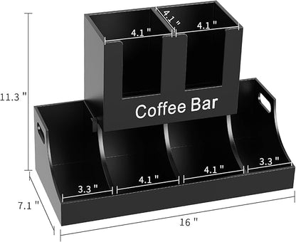 Coffee Station Organizer, Wooden Coffee Bar Organizer for Countertop, Condiment and Cup Storage Organizer, Bar Accessories for Kitchen, Office, Home, Black