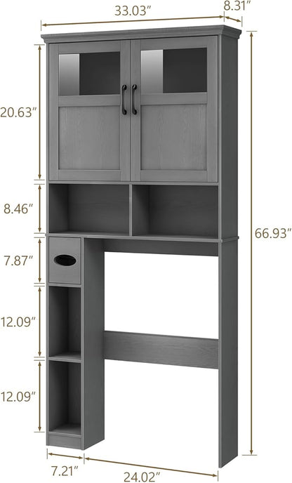 Over The Toilet Storage Cabinet With Double Doors & Paper Holder Stand, Freestanding Shelf Space Saver, Anti-Tip Design & Adjustable Shelf, Natural Grey