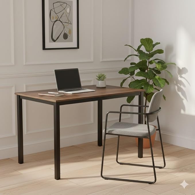 47 inch Large Computer Desk Wood, Modern Simple Style Desk for Home Office, Bedroom, Study Student Writing Desk, Small Spaces, Black Metal Frame, Walnut Top