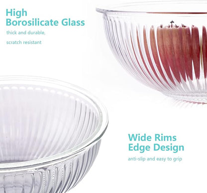 WhiteRhino Glass Mixing Bowls with Lids Set of 3(3.7QT, 2.1QT, 1.1QT),Large Kitchen Salad Bowls, Space-Saving Nesting Bowls, Clear Glass Serving Bowls for Cooking,Baking,Prepping,Dishwasher Safe