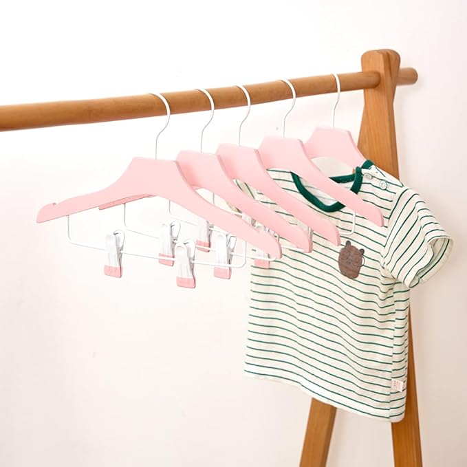 Pink 12.7" Ultra-Thin Wooden Children Closet Clothes Clips Hangers 20PCS Wood Baby Kids Coat Hangers for Infant Toddler Newborn Jumpsuit Pants Skirts Jeans Space Saving Heavy Duty Durable