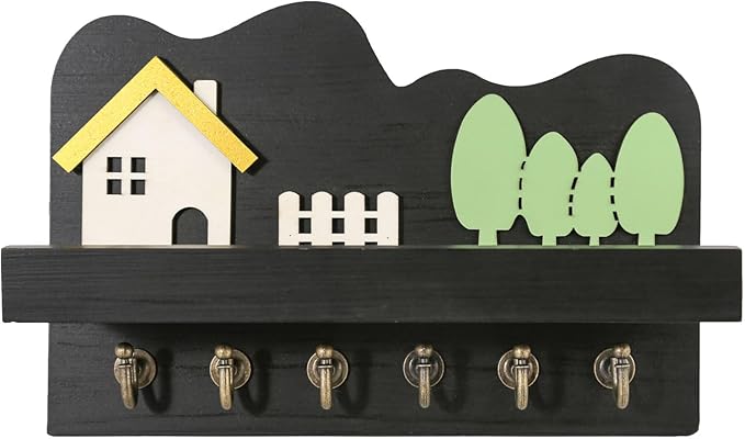 Cute Key Holder, Decorative Key Holder for Wall, Little House Design Key and Mail Holder for Bags, Umbrella, Mail, Wallet and Dog Leash - Farmhouse Key Hooks Wall Mount for Entryway